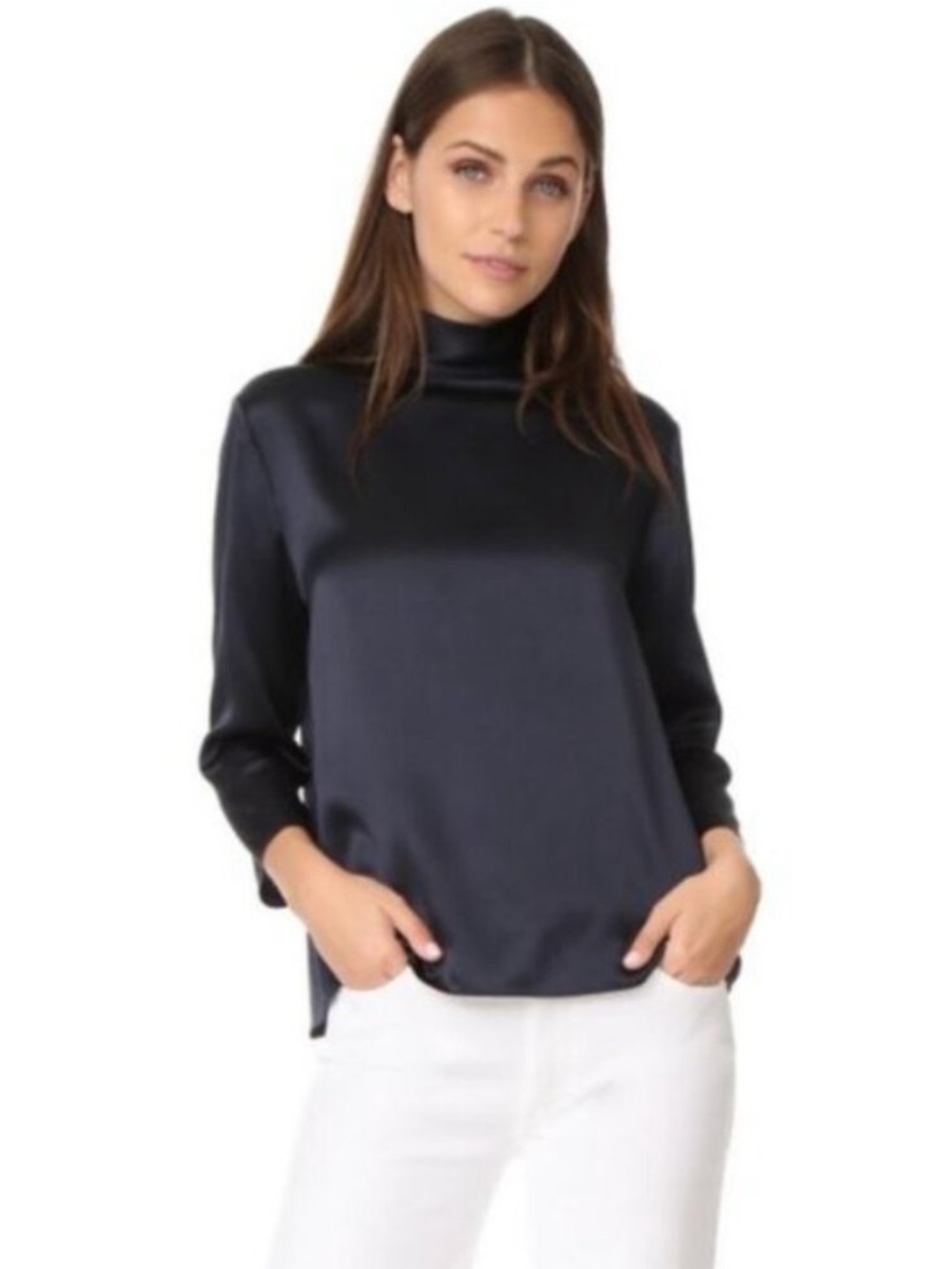 VINCE DARK BLUE MOCK NECK SILK BLOUSE Navy 4